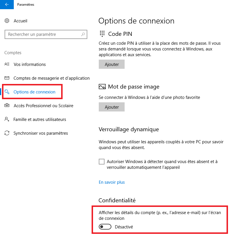 3-masquer votre messagerie à partir de l'écran de connexion Windows 10 